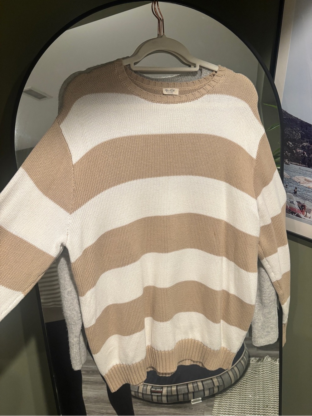 Womens Crewneck Striped Sweater in Beige and White - Classic Casual
